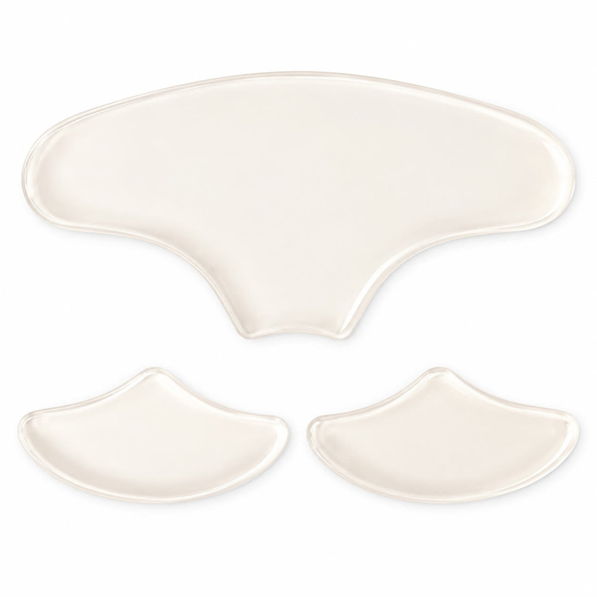 Three facial patches on a white background: two under-eye patches and one forehead patch.