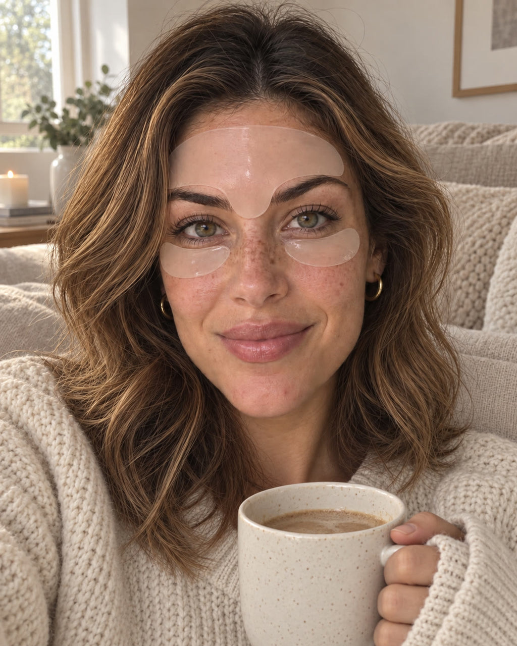 Woman holding a mug while wearing two under-eye patches and a forehead patch.